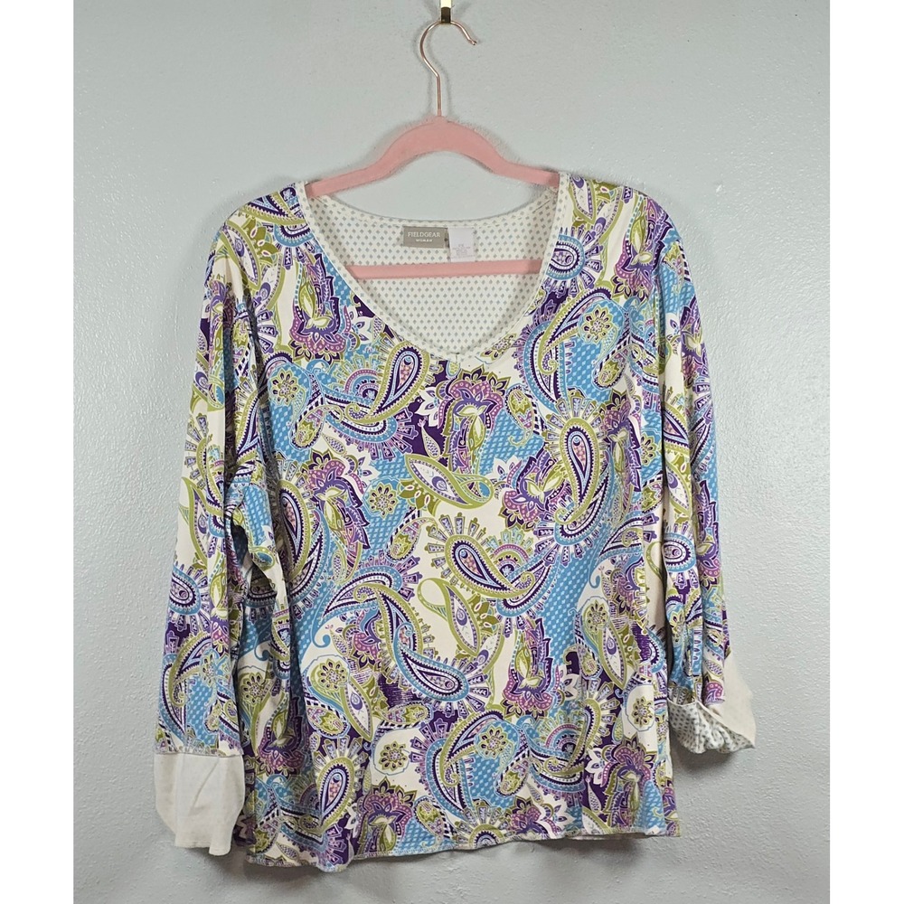 Fieldgear Woman 2X Paisley Cotton V-Neck Long Sleeve Top Blue Purple Green